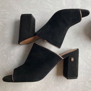 Black and gold mules